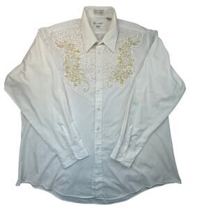 Moda Bianco Dress Shirt Pearl Beaded Floral Sequin Western Cowboy Cream White